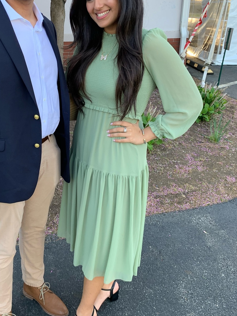 Aritzia Sage Green Long Sleeve Smocked Midi Dress